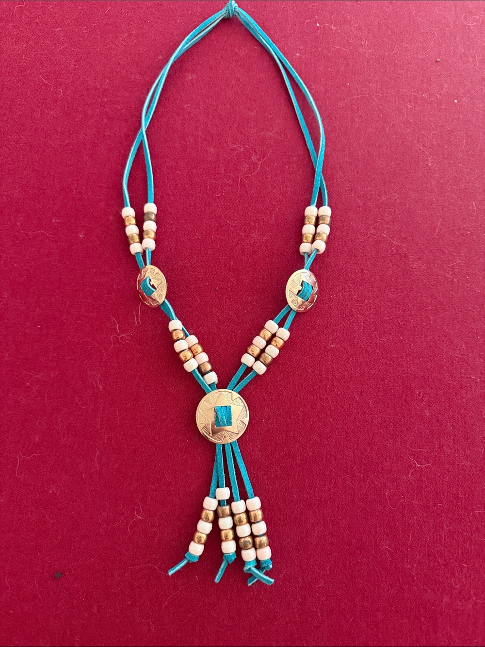 Turquoise Cord Necklace with Gold-Tone Medallions western southwest vintage